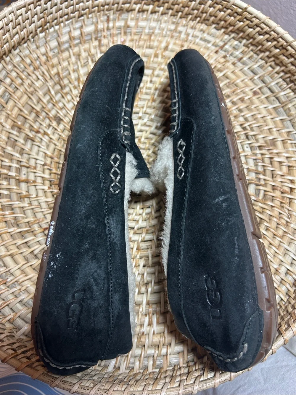 UGG Black Suede Shearling-Lined Moccasin Slippers